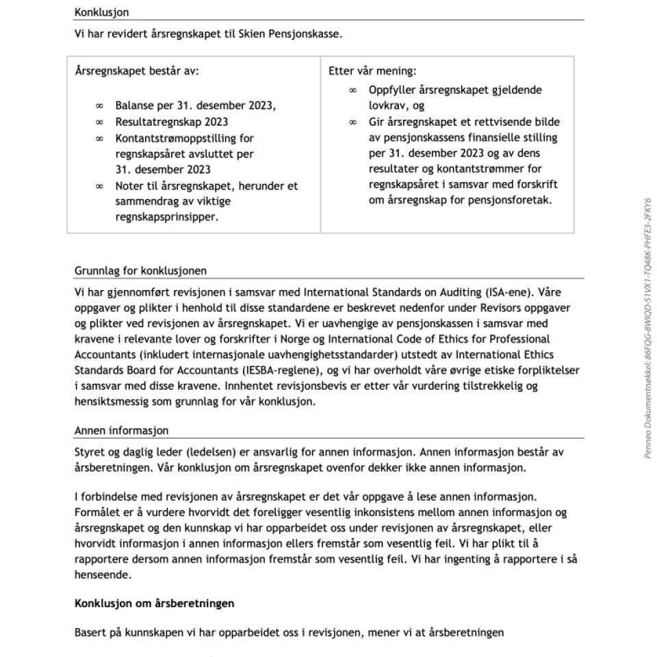 Del 1 av dokument med tittelen "Uavhengig revisors beretning". Dokumentet bekrefter at BDO har utført har revidert årsregnskapet til SKP, og at årsberetningen er konsistent med årsregnskapet og innholder opplysninger i henhold til gjelden lovkrav.