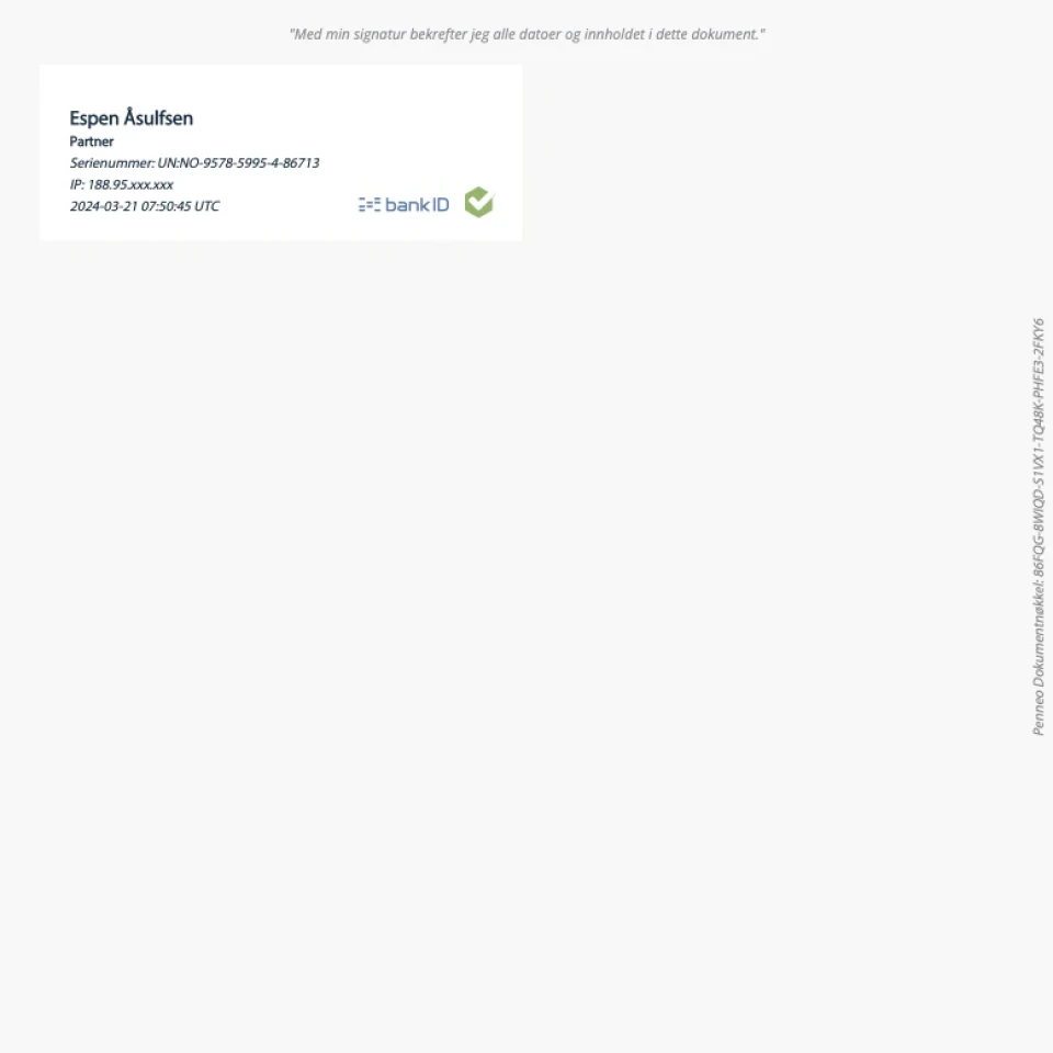 Digital signatur, signert Espen Åsulfsen, partner. "Med min signatur bekrefter jeg alle datoer og innholdet i dette dokumentet"